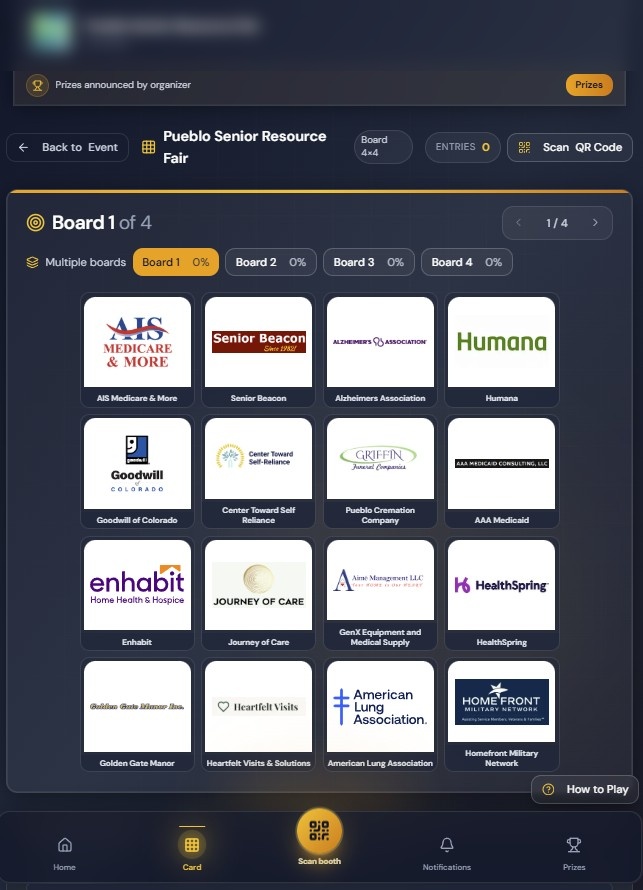 Booth Bingo event engagement app — interactive bingo card showing vendor booths at a trade show or health fair
